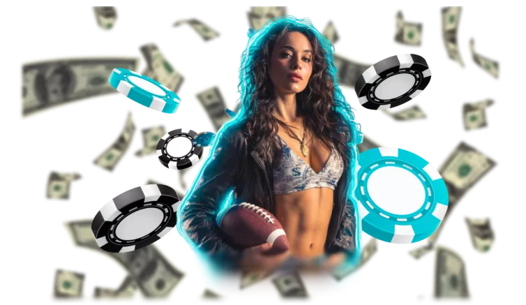 Kadın oyuncu, fişler ve dolarlarla çevrili